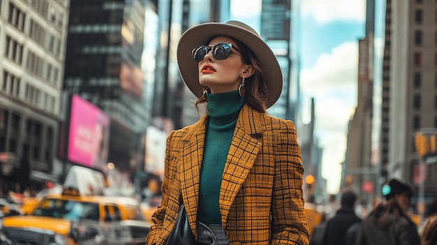 a woman in a yellow jacket and sunglasses stands on a street