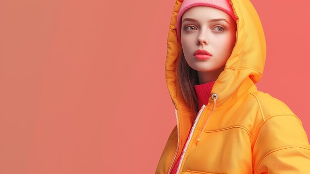 Photo a woman in a yellow jacket with a red hood that says quot shes wearing a red jacket quot