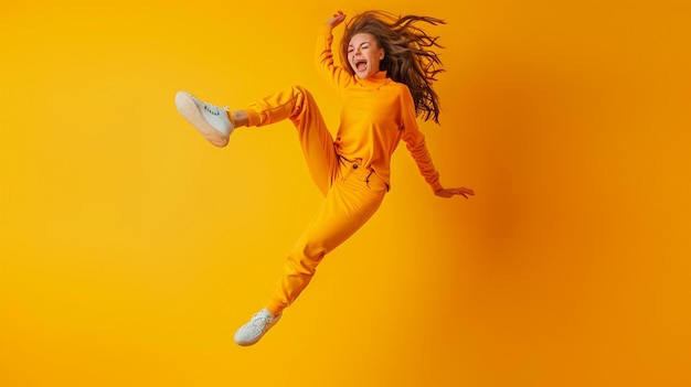 Photo a woman in a yellow jumpsuit jumping in the air generative ai