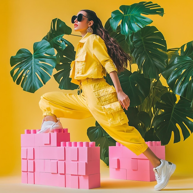 a woman in yellow jumpsuit jumps over a brick wall