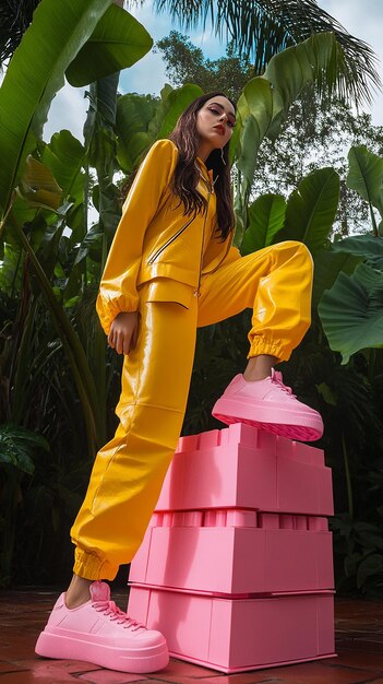 Photo a woman in a yellow jumpsuit stands on a pink toy