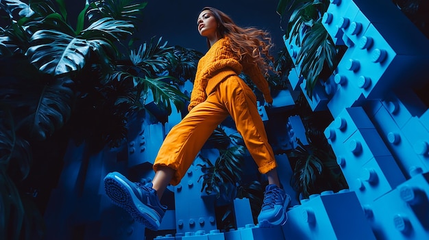 a woman in a yellow jumpsuit stands on a platform in front of a plant with plants and flowers