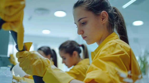 A woman in a yellow lab coat concentrating on her research project