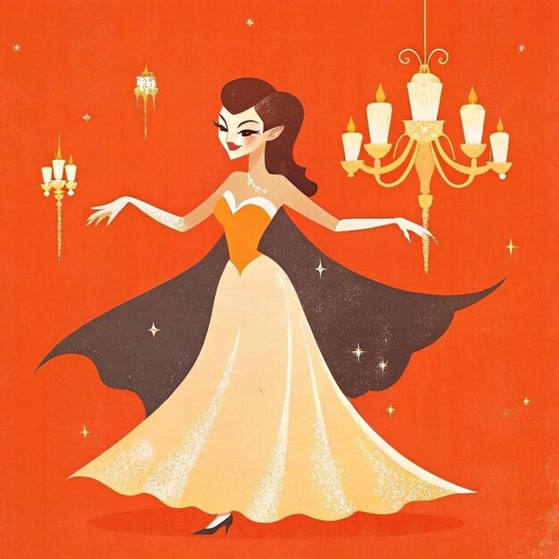 Photo a woman in a yellow and orange dress is dancing with a chandelier above her