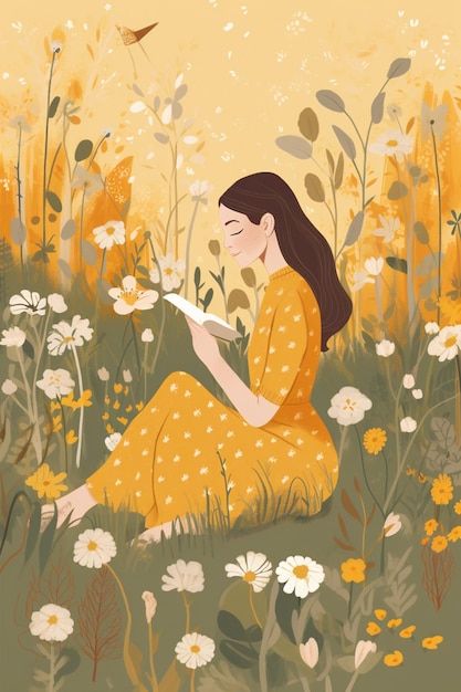 A woman in a yellow polka dot dress reads a book in a field of flowers.