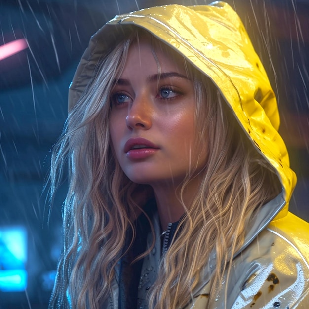 A woman in a yellow raincoat is standing in the rain.