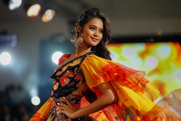 a woman in a yellow and red dress is posing for a photo