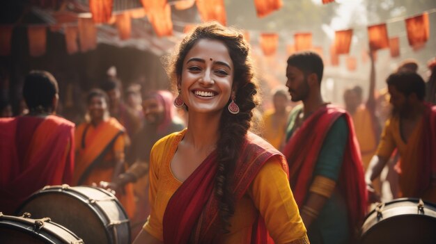 Woman in Yellow and Red Sari Smiles in Front Of