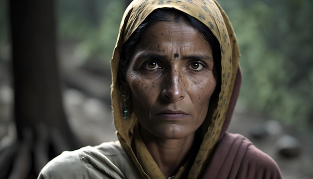 A woman in a yellow sari looks into the camera.