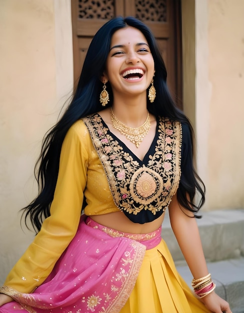 a woman in a yellow sari smiles for the camera