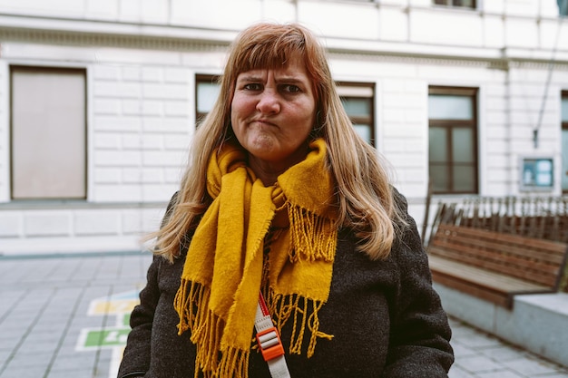 A woman in a yellow scarf stands in front of a white building.