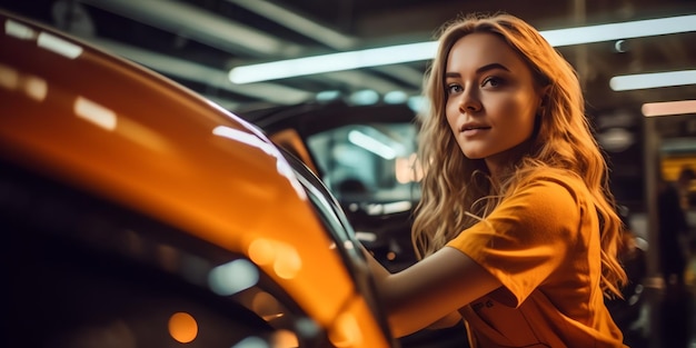 A woman in a yellow shirt is driving a car.