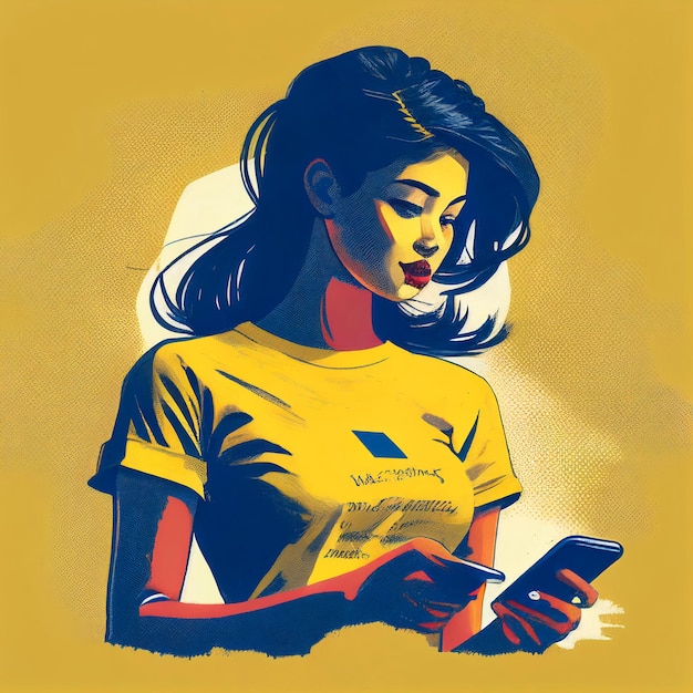 A woman in a yellow shirt is holding a phone