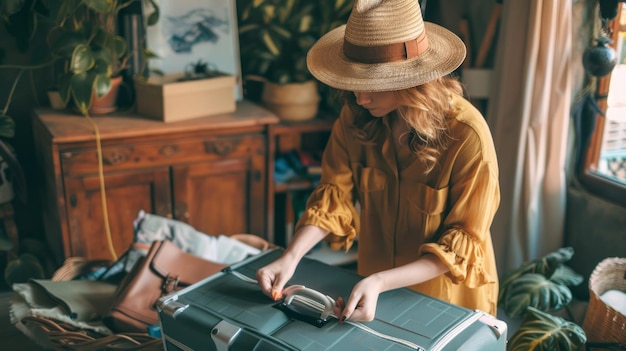 A woman in a yellow shirt is packing her suitcase