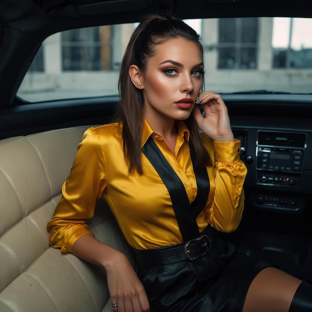 a woman in a yellow shirt is sitting in a car with a black belt