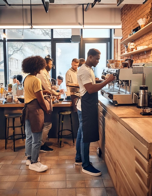 a woman in a yellow shirt is working at a coffee shop