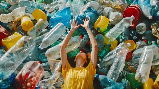 Photo woman in yellow shirt lying on pile of plastic bottles illustration