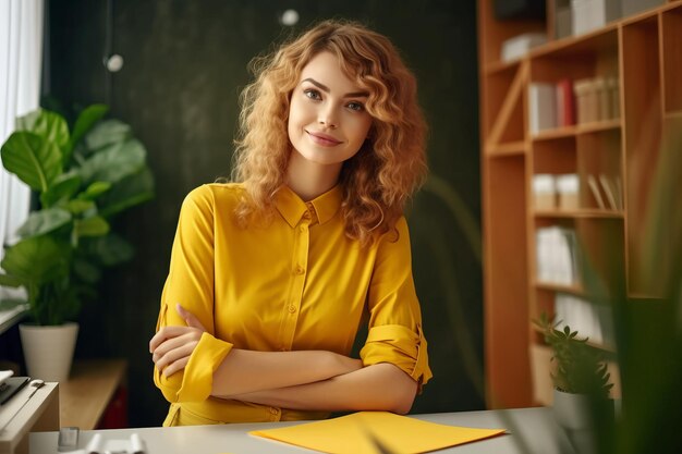 Woman in yellow shirt sitting at desk with her arms crossed Generative AI