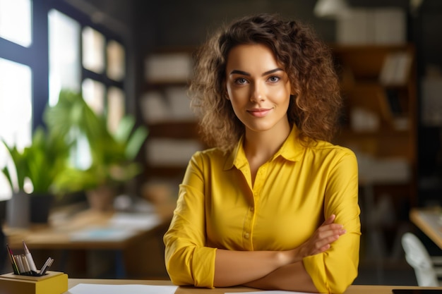 Woman in yellow shirt sitting at table with her arms crossed Generative AI