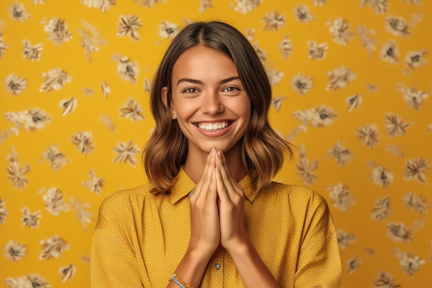 A woman in a yellow shirt smiles in front of a yellow wallpaper