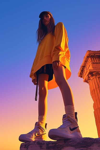 a woman in a yellow shirt stands on a ledge with a statue in the background