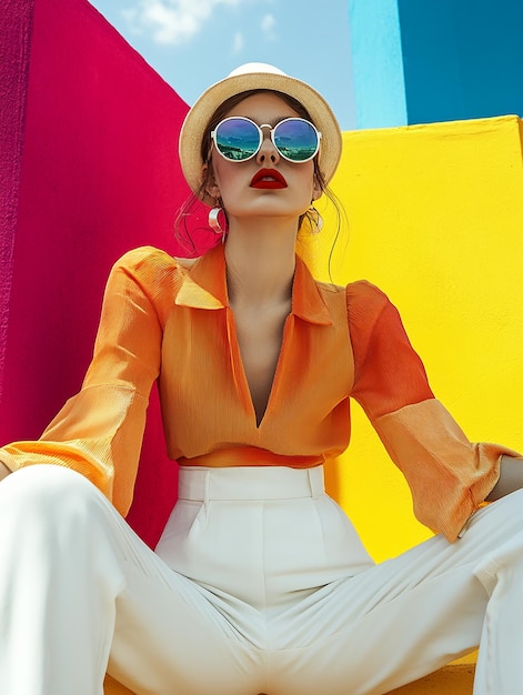 Photo a woman in a yellow shirt and white pants is sitting on a colorful surface