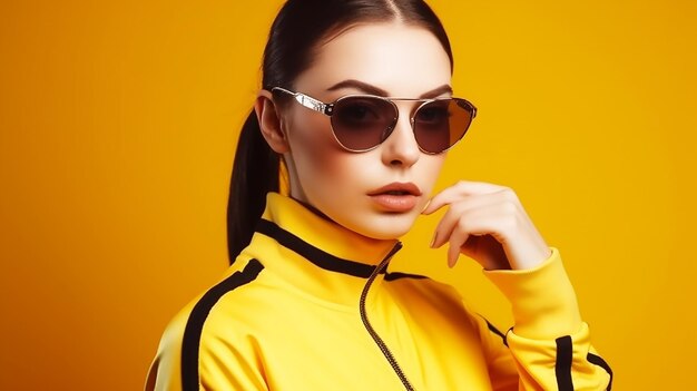 A woman in a yellow sportswear with sunglasses