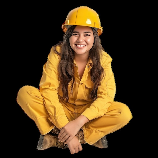 a woman in a yellow suit with the word  she is wearing a yellow helmet