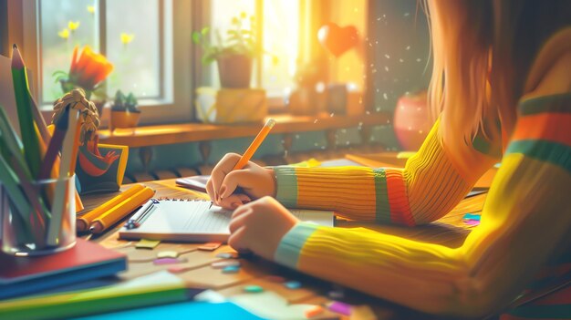 Photo a woman in a yellow sweater draws on a tablet at a desk