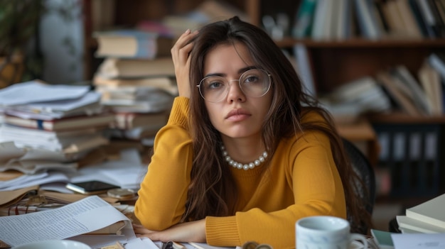 A woman in a yellow sweater and glasses appears worried or overwhelmed surrounded by cluttered paperwork at her desk with a coffee cup in front of her