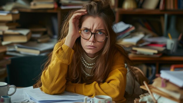 A woman in a yellow sweater and glasses appears worried or overwhelmed surrounded by cluttered paperwork at her desk with a coffee cup in front of her