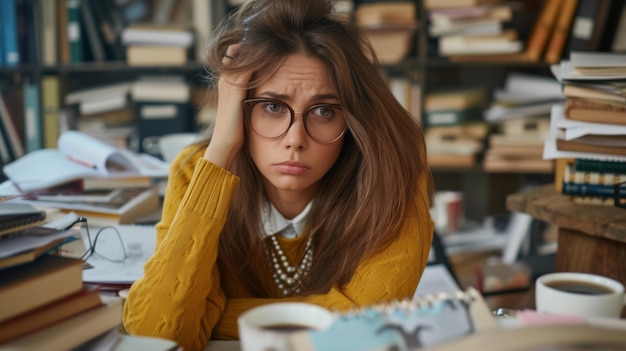 A woman in a yellow sweater and glasses appears worried or overwhelmed surrounded by cluttered paperwork at her desk with a coffee cup in front of her