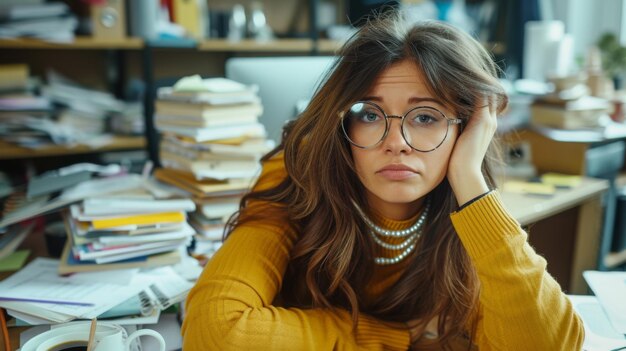 A woman in a yellow sweater and glasses appears worried or overwhelmed surrounded by cluttered paperwork at her desk with a coffee cup in front of her