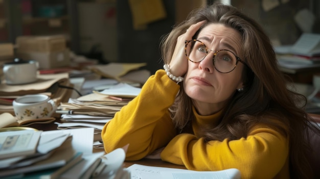 A woman in a yellow sweater and glasses appears worried or overwhelmed surrounded by cluttered paperwork at her desk with a coffee cup in front of her