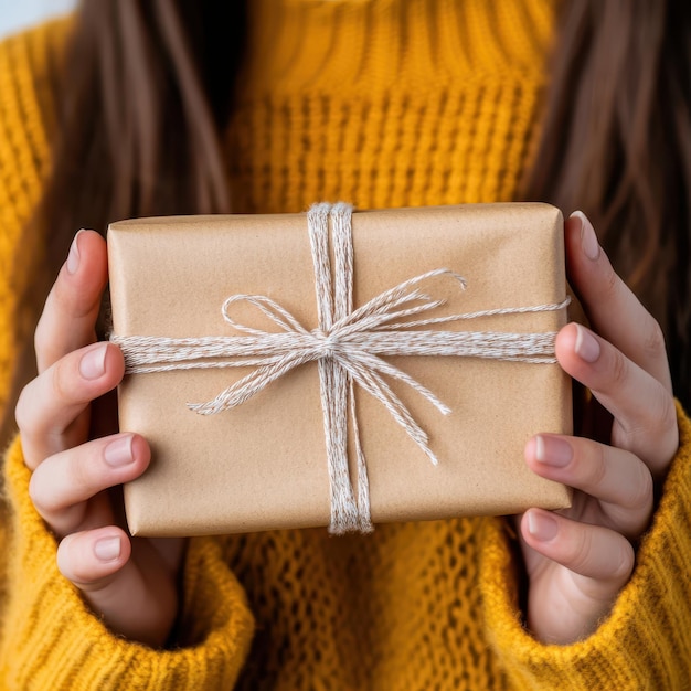 a woman in a yellow sweater holding a gift wrapped in brown paper