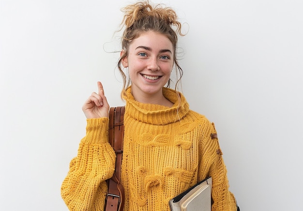 Photo a woman in a yellow sweater is holding a book and a book with a hand pointing to the right