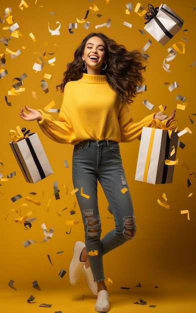 a woman in a yellow sweater is holding a gift box and a box of gifts