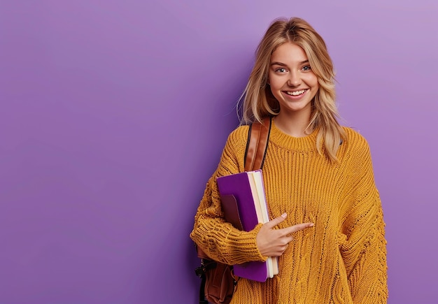 Photo a woman in a yellow sweater is holding a purple bag and a purple bag