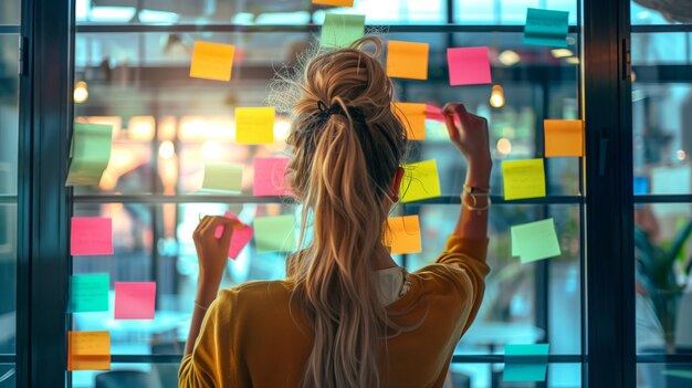 Woman in yellow sweater organizing colorful sticky notes on a glass wall in a modern office