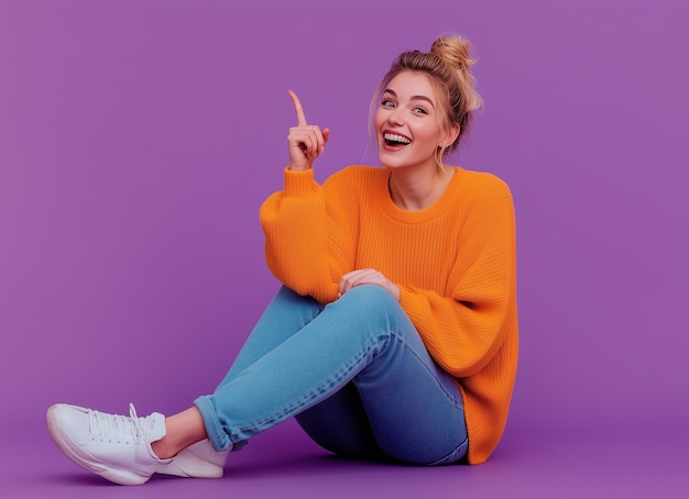 Photo a woman in a yellow sweater sits on a purple background