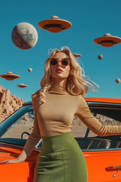 a woman in a yellow sweater stands in front of a car with planets on the top