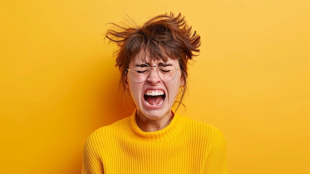 Photo a woman in a yellow sweater with the word angry on the front of it