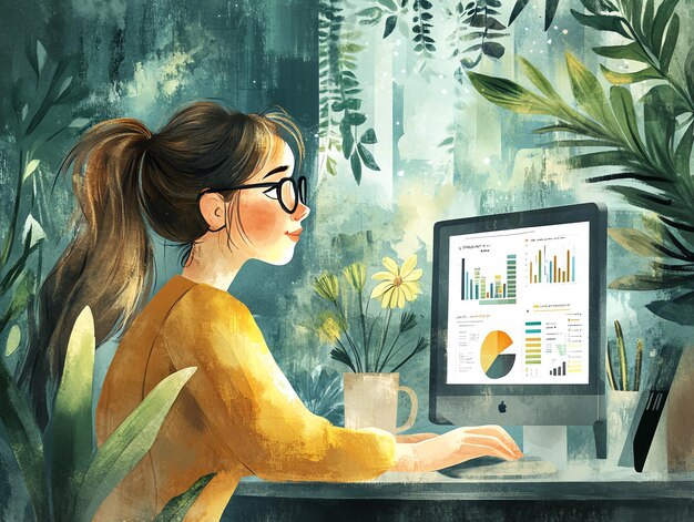 Photo woman in yellow sweater working on computer with charts and graphs on screen