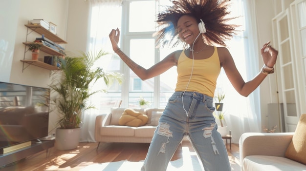 Photo a woman in a yellow tank top is dancing in the living room with her headphones on