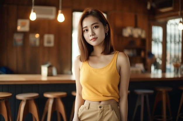 A woman in a yellow tank top stands in a bar and looks at the camera.