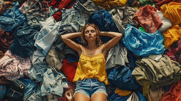 Photo a woman in a yellow top and denim shorts lies on a pile of clothes