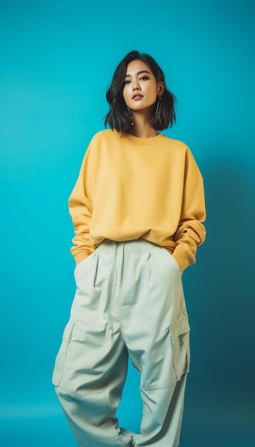 a woman in a yellow top with a sweater on the front.