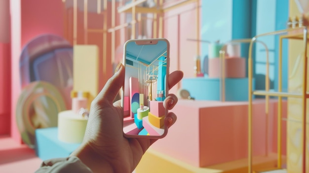 Woman in yellow using virtual reality goggles to interact with product display in a cosmetic store