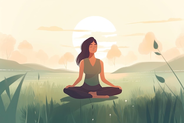 woman yoga outdoors on meadow isolated illustration