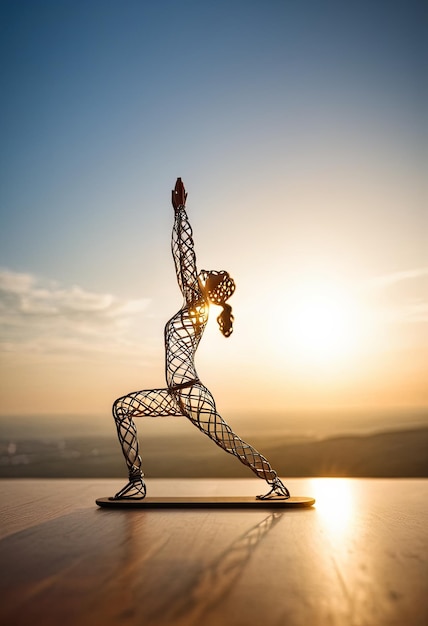 Photo woman in yoga pose bent wire figure on nature backdrop creative figures symbol of yoga and harmony